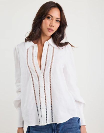 Zinnia Lace Trim Long Sleeve Shirt - White