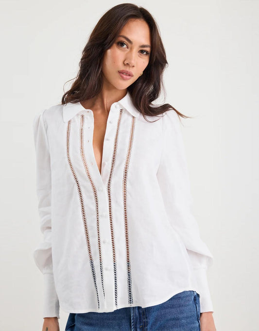 Zinnia Lace Trim Long Sleeve Shirt - White