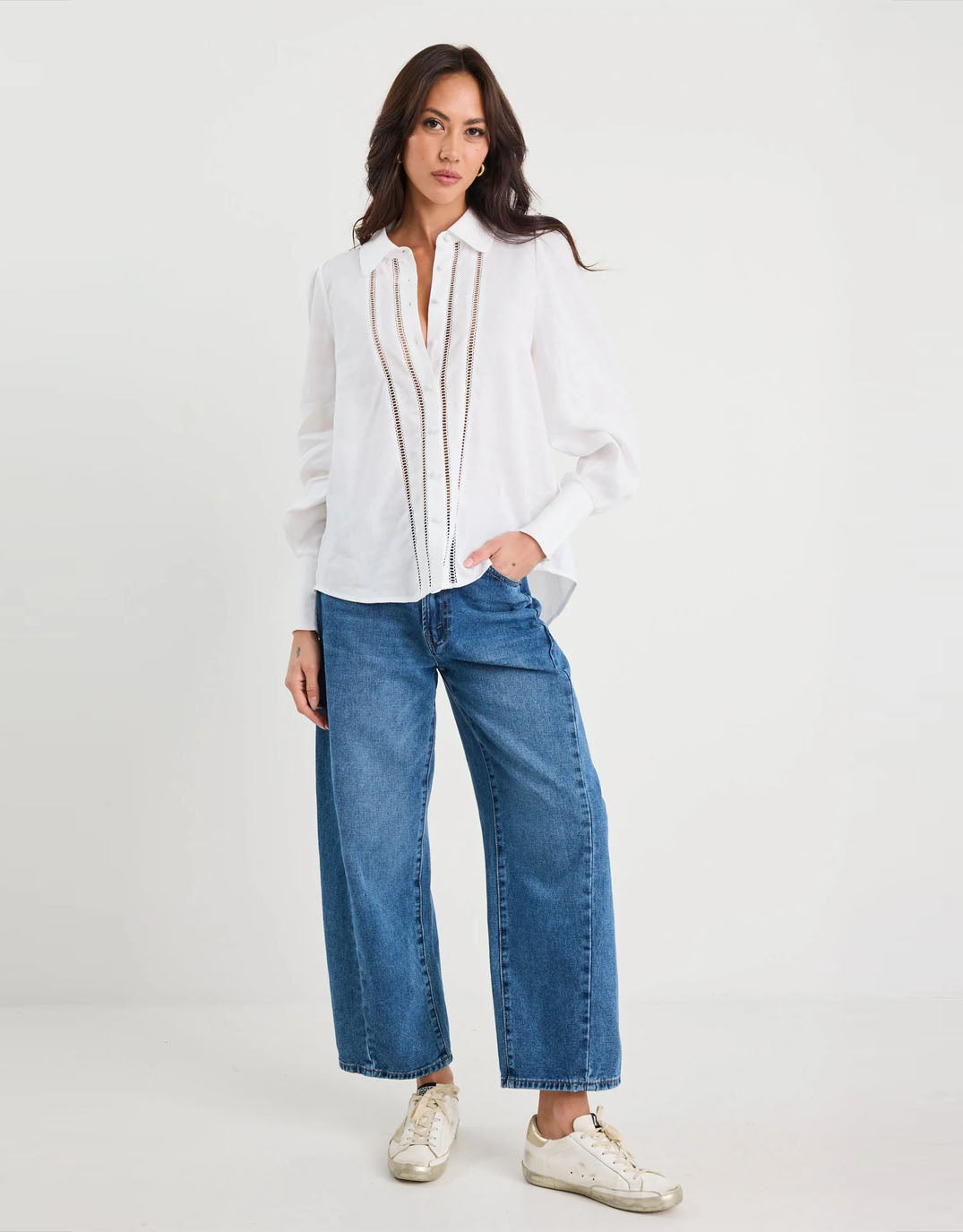 Zinnia Lace Trim Long Sleeve Shirt - White
