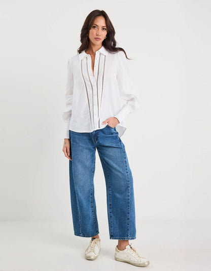 Zinnia Lace Trim Long Sleeve Shirt - White
