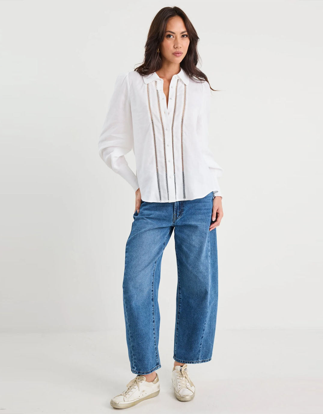 Zinnia Lace Trim Long Sleeve Shirt - White