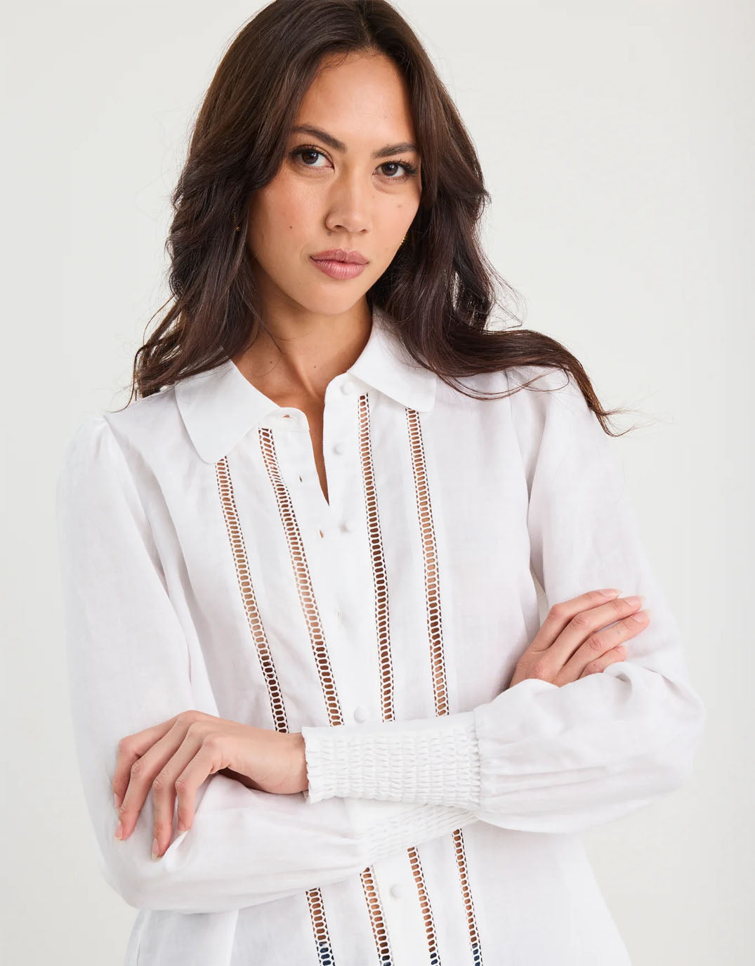Zinnia Lace Trim Long Sleeve Shirt - White