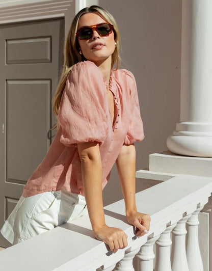 Closure High Neck Buttoned Top - Blush