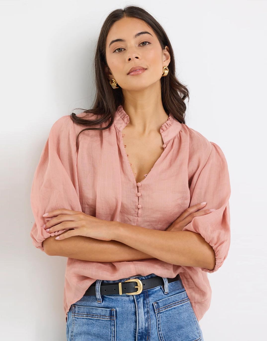 Closure High Neck Buttoned Top - Blush