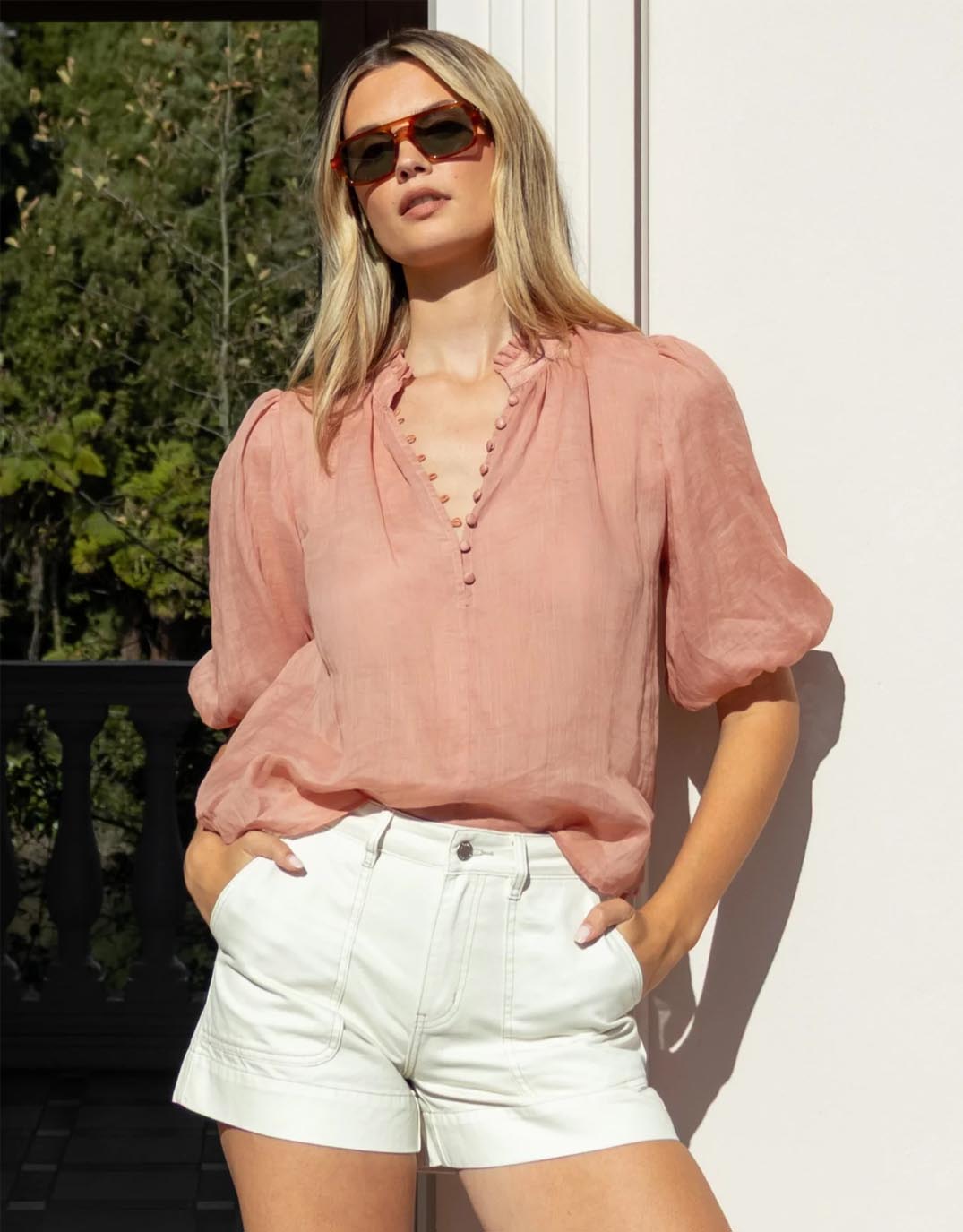 Closure High Neck Buttoned Top - Blush
