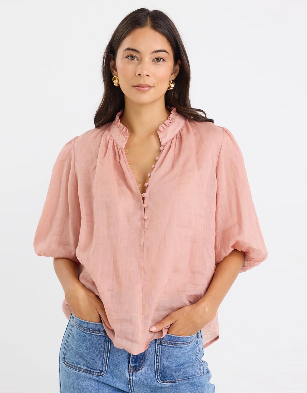 Closure High Neck Buttoned Top - Blush